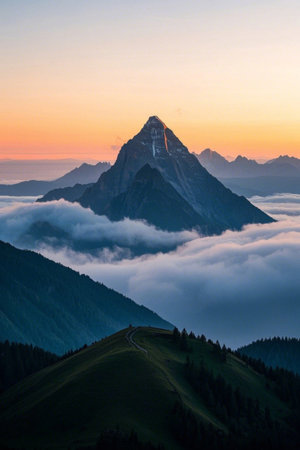 Alpine sunset scene in a sea of cloudsの素材