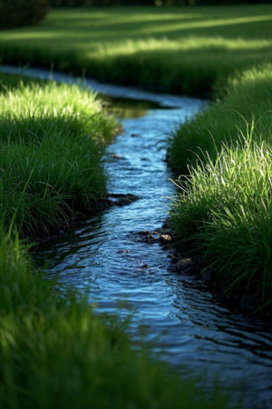 Green grass landscape beside an outdoor streamの素材
