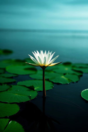 White water lilies blooming on the waterの素材