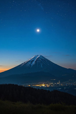 Mount Fuji and cityscape on a moonlit nightの素材