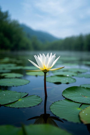White water lilies blooming in the waterの素材