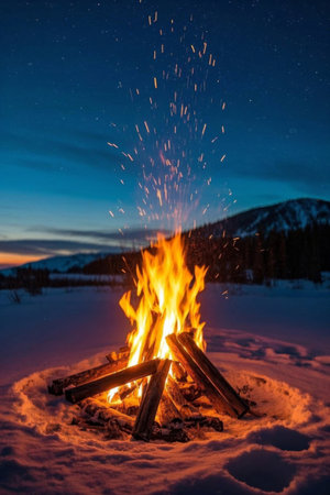 Bonfire in the snow and night sky viewの素材