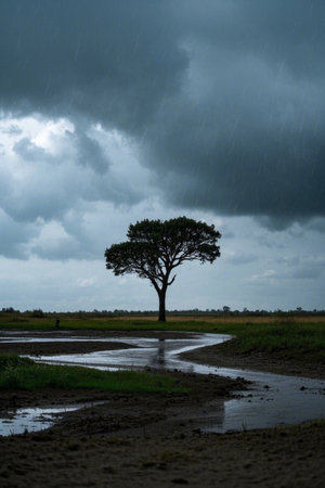 Landscape of a lone tree in the wilderness in the rainの素材
