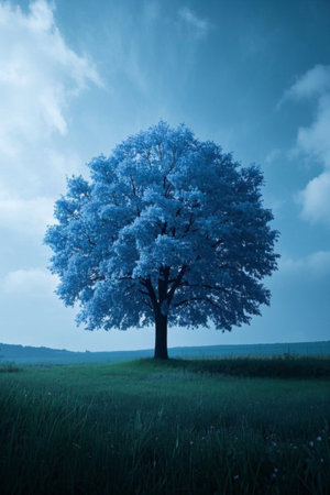 A single blue tree in the wildernessの素材