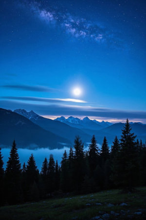 Mountains and forests under the moonlit night and distant mountain landscapesの素材