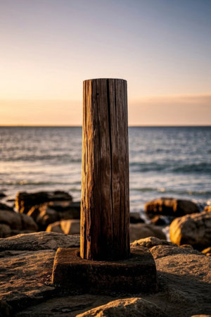 Seaside wood piles and rock sceneryの素材