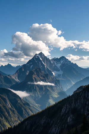 Magnificent mountain landscape under blue sky and white cloudsの素材