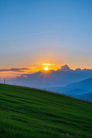 Sunset scene on the grasslandの素材