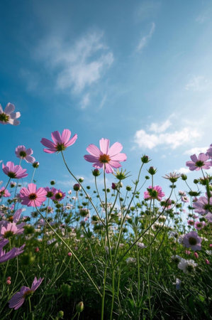 Pink flowers against a blue skyの素材