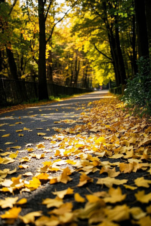 The yellow-leaved road in the autumn forestの素材