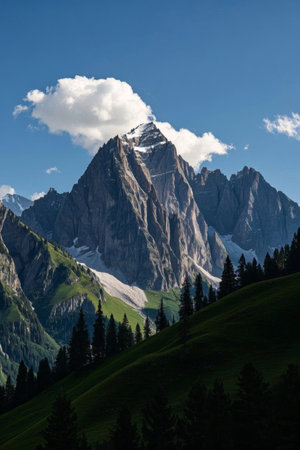 Alpine and forest landscape under blue sky and white cloudsの素材