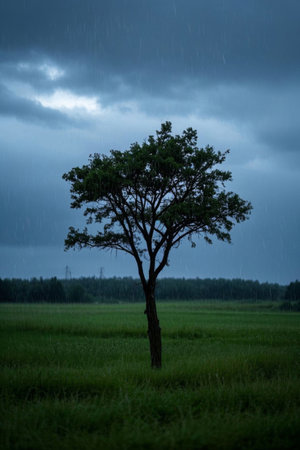 Lone tree in a field in the rainの素材