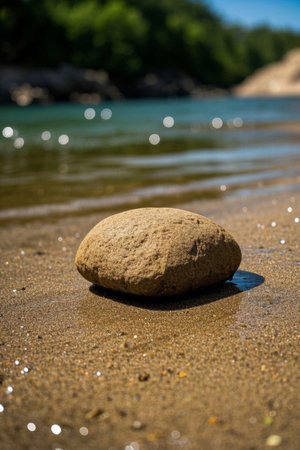 Stones on the beach and the sparkling waterの素材