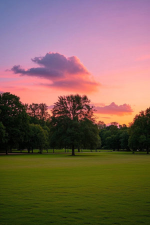 Dusk sky scene next to the park grassの素材