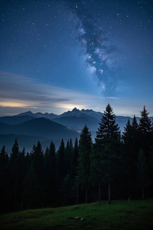 Magnificent starry sky under the night sky in the mountainsの素材