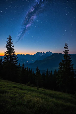 Starry sky in the mountains and night view of the mountainsの素材