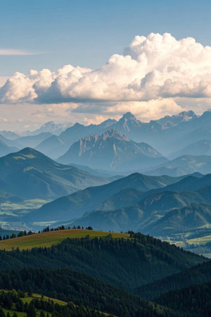 Panoramic natural scenery of mountains, clouds and seaの素材