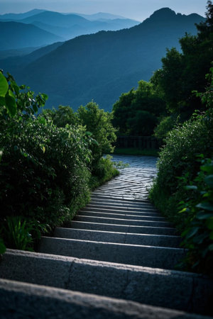 Mountain stone steps and distant mountain sceneryの素材