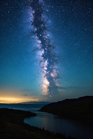 Lake under the stars and night view of distant mountainsの素材