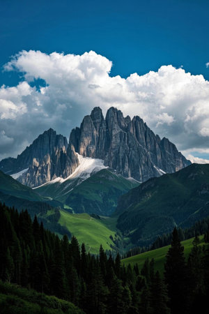 Towering mountains and white cloud forest landscapeの素材