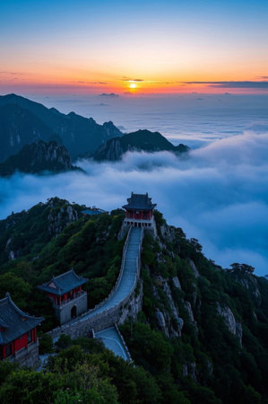 Chinese ancient architectural landscape among mountains and sea of cloudsの素材