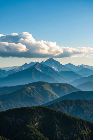 Landscape of continuous mountains under blue sky and white cloudsの素材