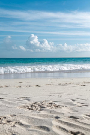 Beach and ocean scene under blue sky and white cloudsの素材