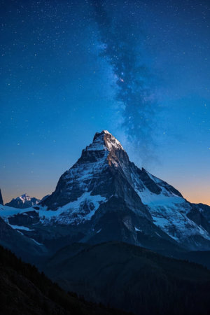 Snow mountain landscape under the starry skyの素材