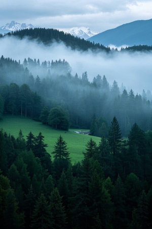 Mist-shrouded natural landscape in mountains and forestsの素材