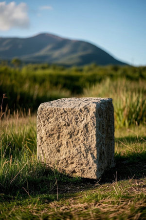 Square stones on the grass and distant mountain sceneryの素材