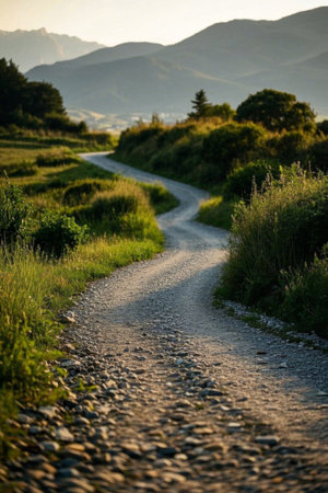 Scenic view of winding gravel paths in the mountainsの素材