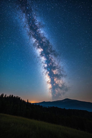 Mountains forests and galactic landscapes under the night skyの素材