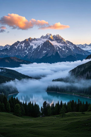 Snow-capped mountains and lakes surrounded by mountains and seas of cloudsの素材