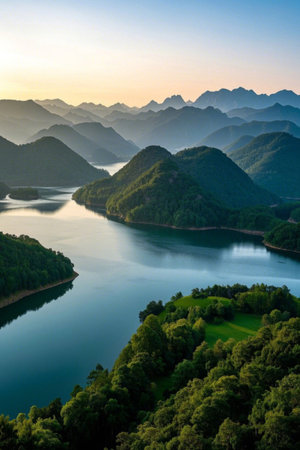 Aerial panoramic view of natural scenery of mountains and riversの素材