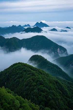 Panoramic natural scenery of mountains, clouds and seaの素材