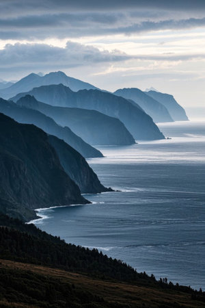 Panoramic natural scenery with mountains and seaの素材