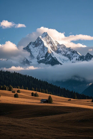 Wilderness and forest landscape under the snow-capped mountainsの素材