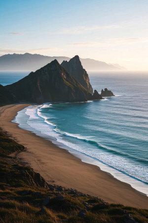 Mountain and ocean views by the beachの素材