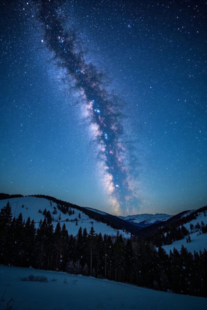 The brilliant starry sky above the snow-capped mountains and forestsの素材