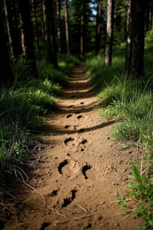 Footprint-covered dirt trails in the forestの素材