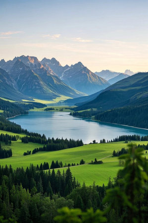 Panoramic view of natural scenery of mountains, lakes and forestsの素材