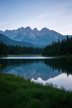 Quiet lake scenery in the mountains and forestsの素材
