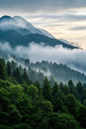 Natural scenery of mountains, forests, clouds and seaの素材