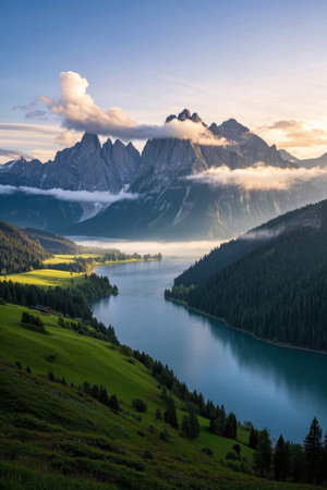 Panoramic view of natural scenery of mountain lakesの素材