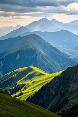 Outdoor natural scenery with rolling mountainsの素材