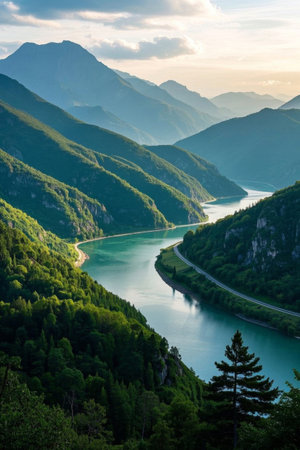 Panoramic view of natural scenery of mountain riversの素材