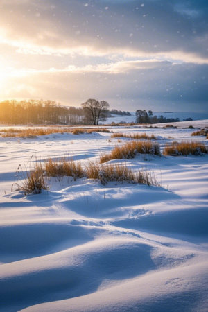 Snow-covered fields and distant wooded landscapesの素材