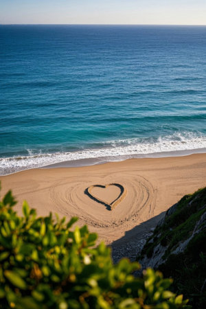 Heart-shaped pattern of beach painting on the beachの素材