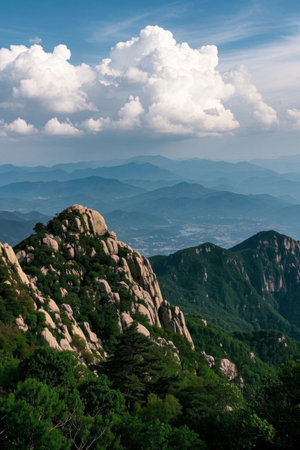 Outdoor mountain blue sky and white clouds natural landscapeの素材