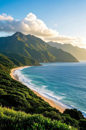Green mountains and clear sea natural landscape on the coastの素材